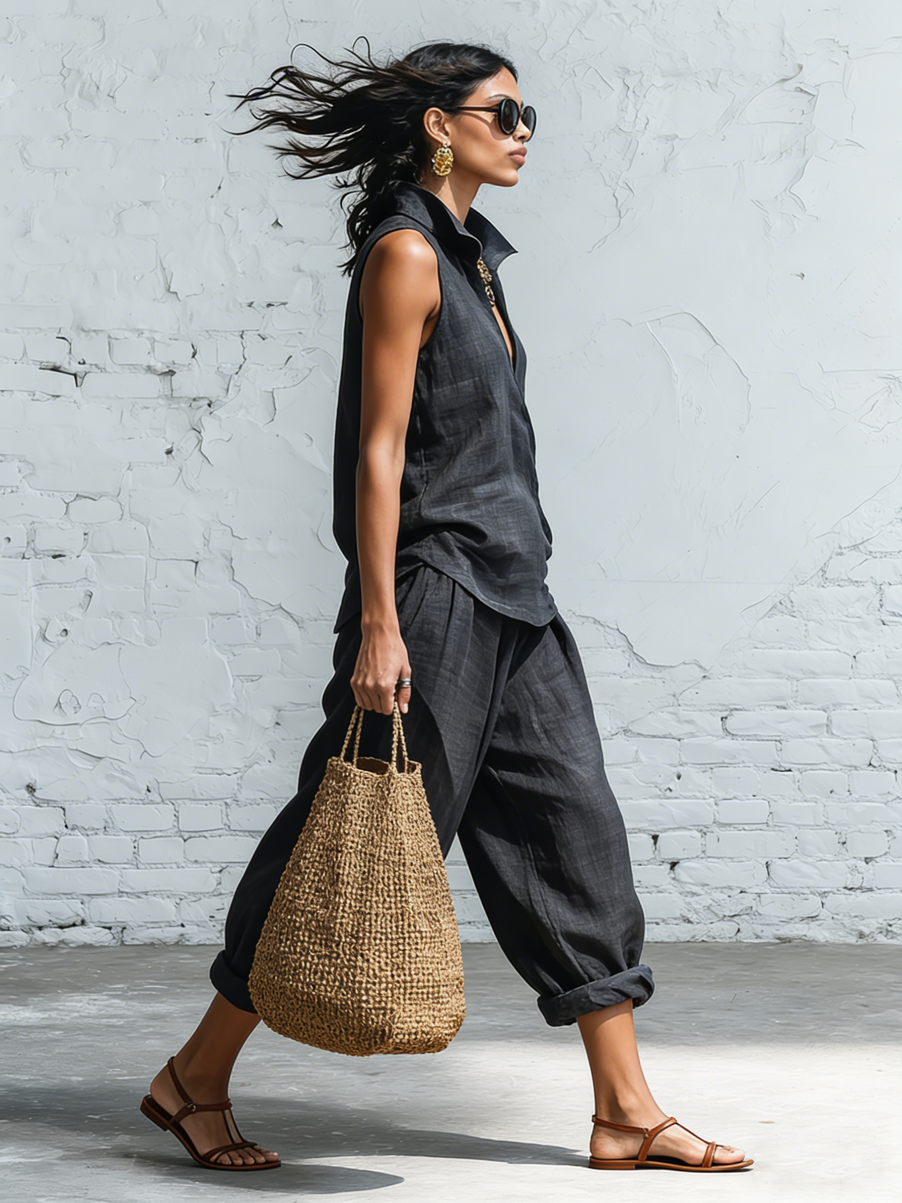 Casual Grey Linen Wrap Front Sleeveless Top And Wide Leg Pants Set