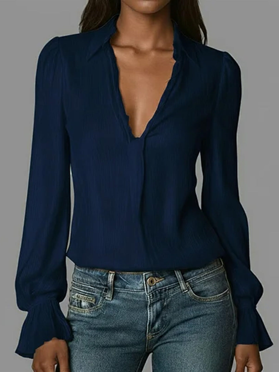 Women's Solid Color V-neck Long-sleeved Casual Loose Cotton Top