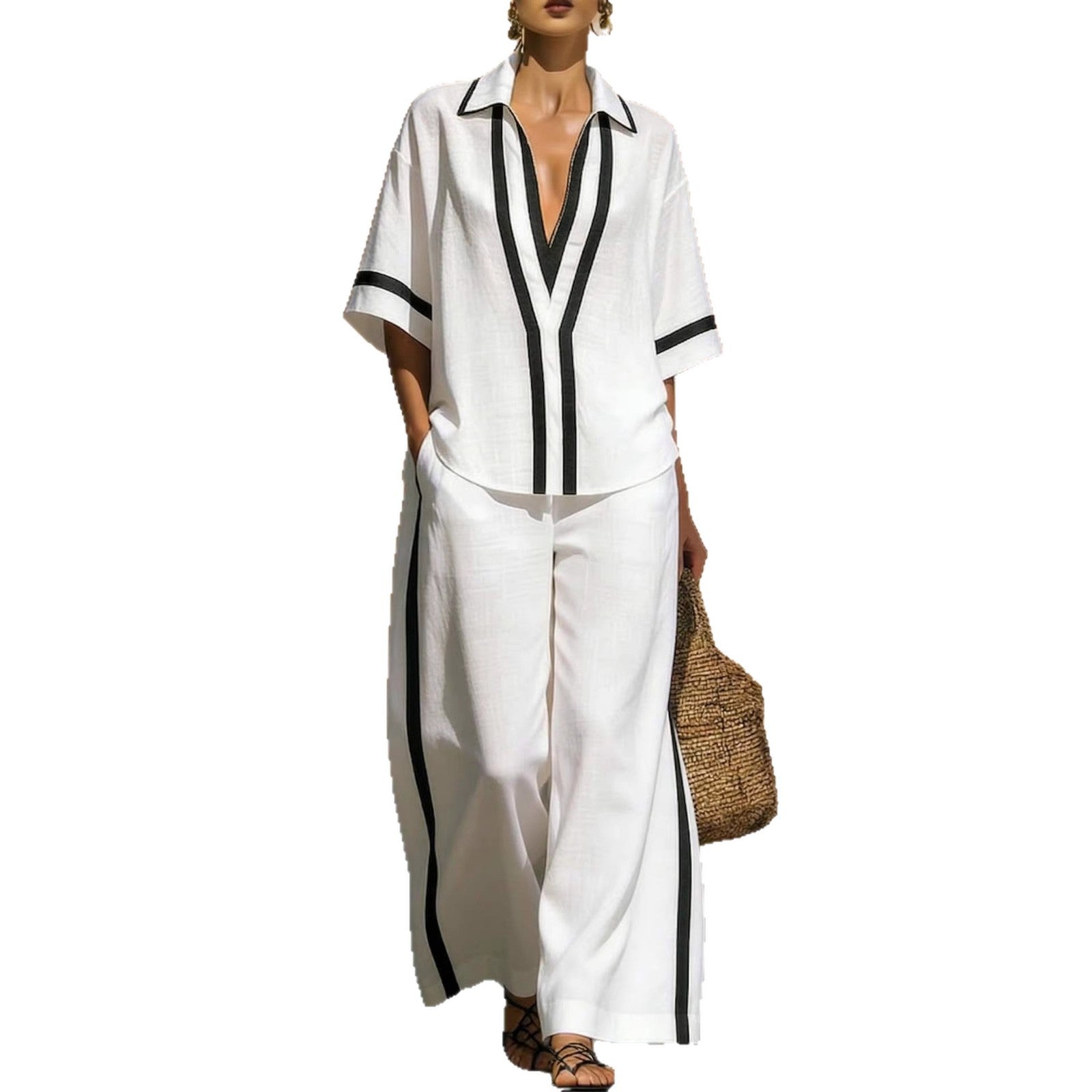 Fashionable Color-Block Two-Piece Set: Casual Short-Sleeve Shirt and Wide-Leg Pants