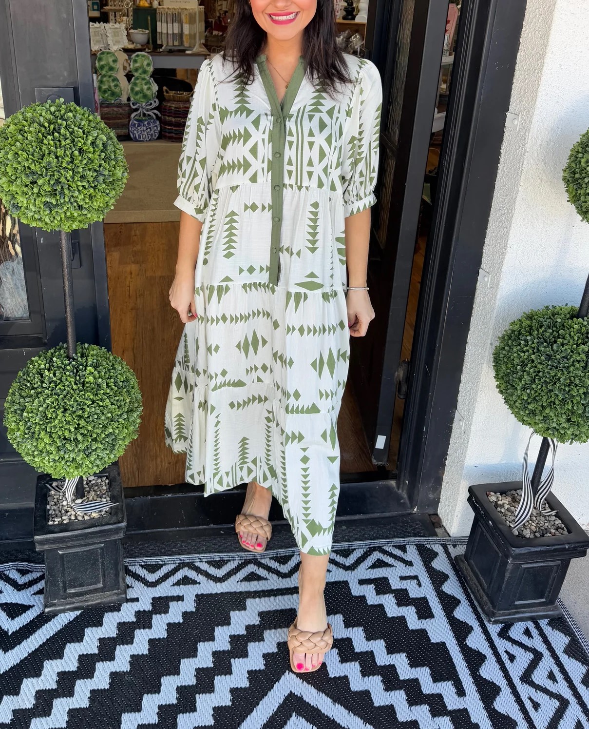 Women's Button V Neck Geometric Print Dress (Buy 2 Free Shipping)