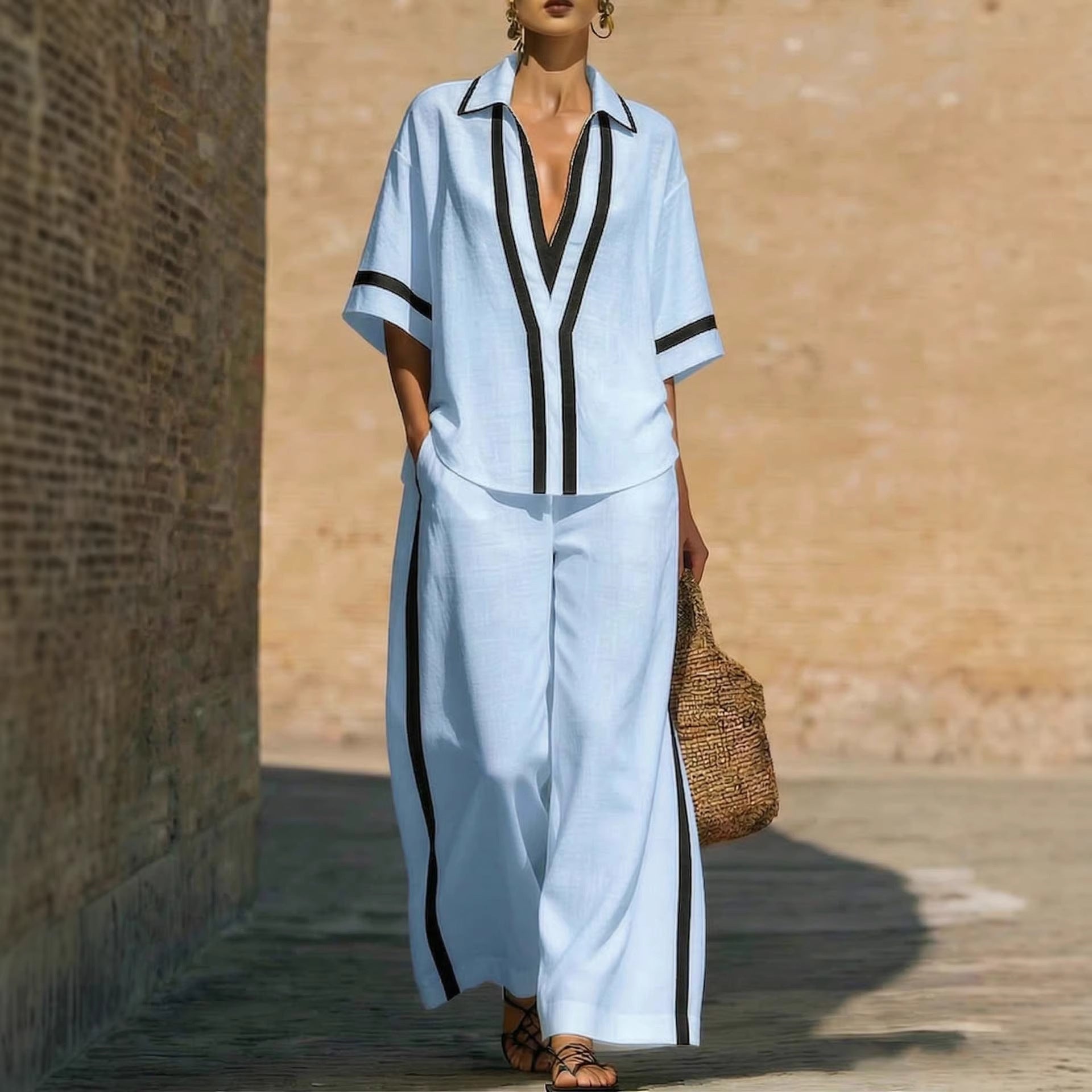 Fashionable Color-Block Two-Piece Set: Casual Short-Sleeve Shirt and Wide-Leg Pants