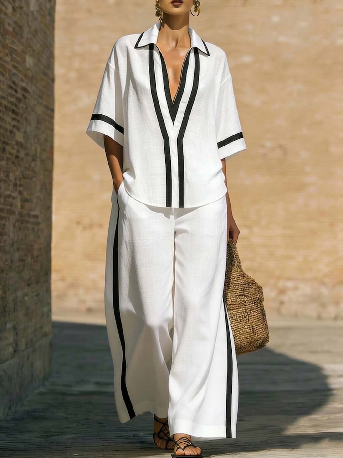 Fashionable Color-Block Two-Piece Set: Casual Short-Sleeve Shirt and Wide-Leg Pants