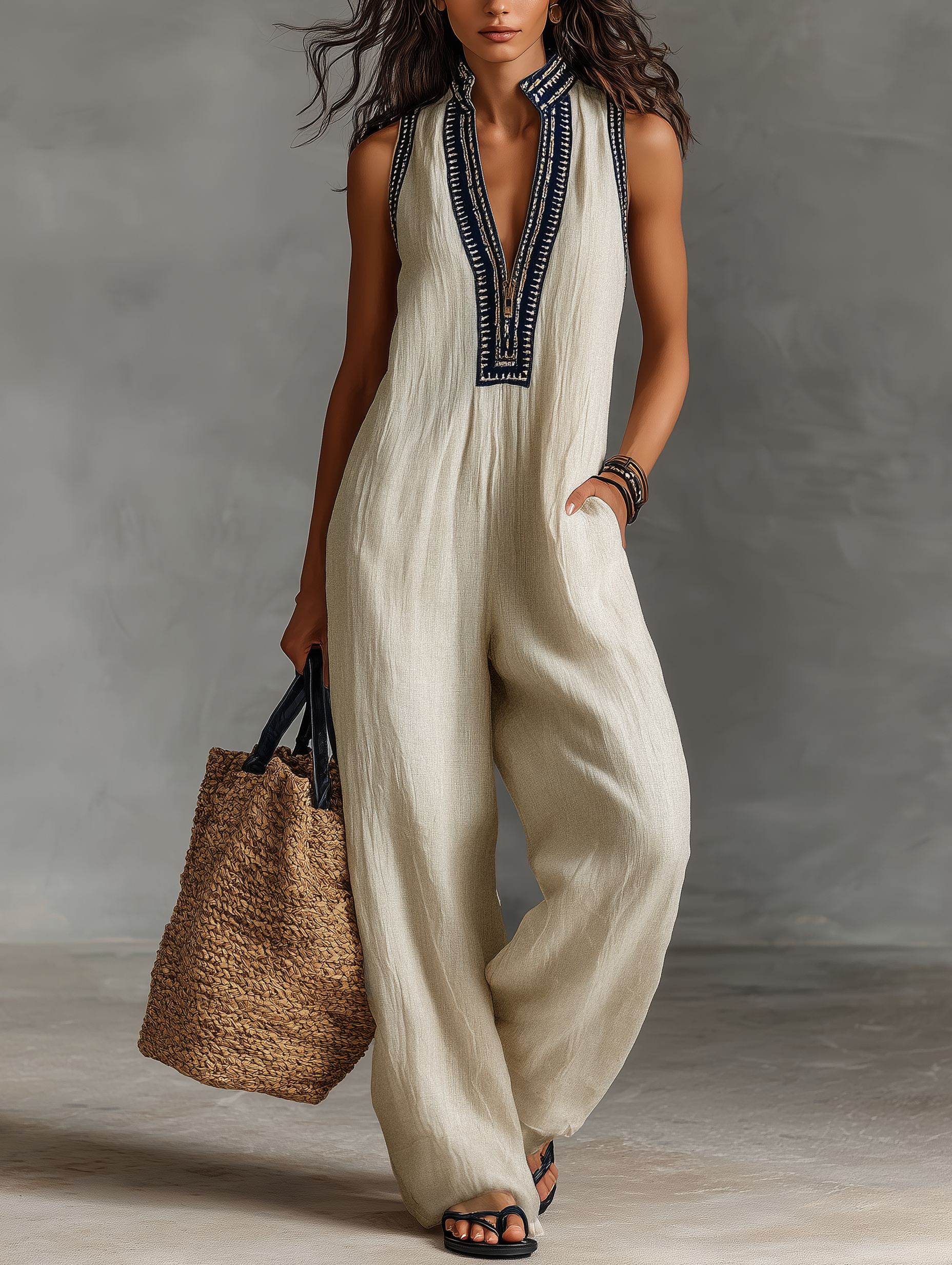 Women's Minimalist Linen Blend Sleeveless Jumpsuit