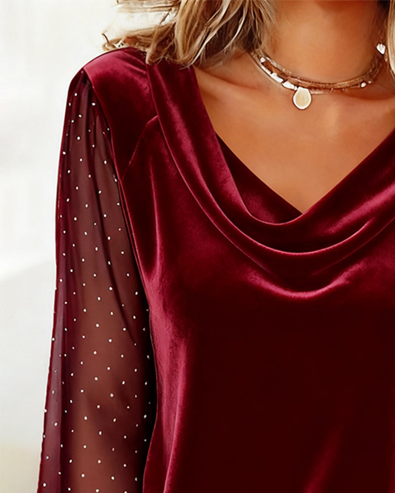 Draped Collar Patchwork Long-Sleeved Top