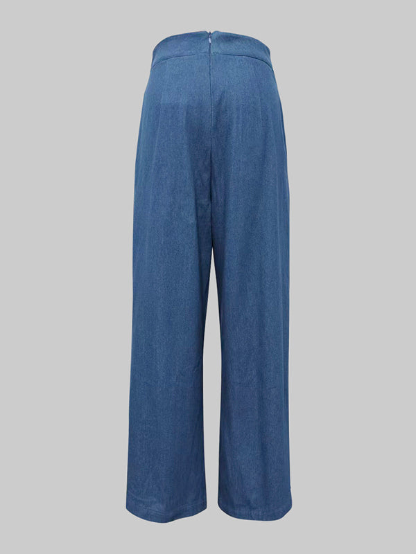 Loose Wide Leg Pleated Pockets Solid Color Jean Pants Bottoms Trousers