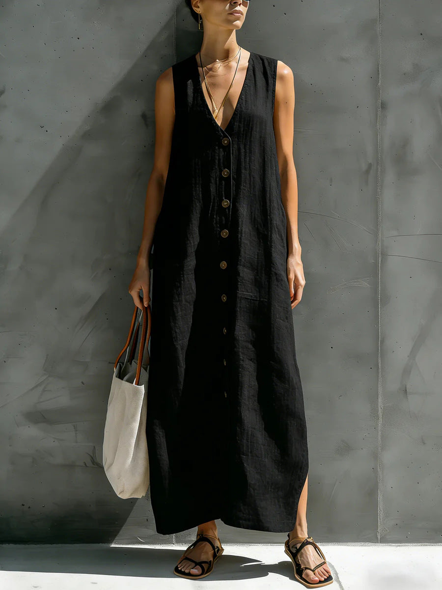 Womens Simple Cotton-Linen V-Neck Buttoned Sleeveless Loose Long Dress