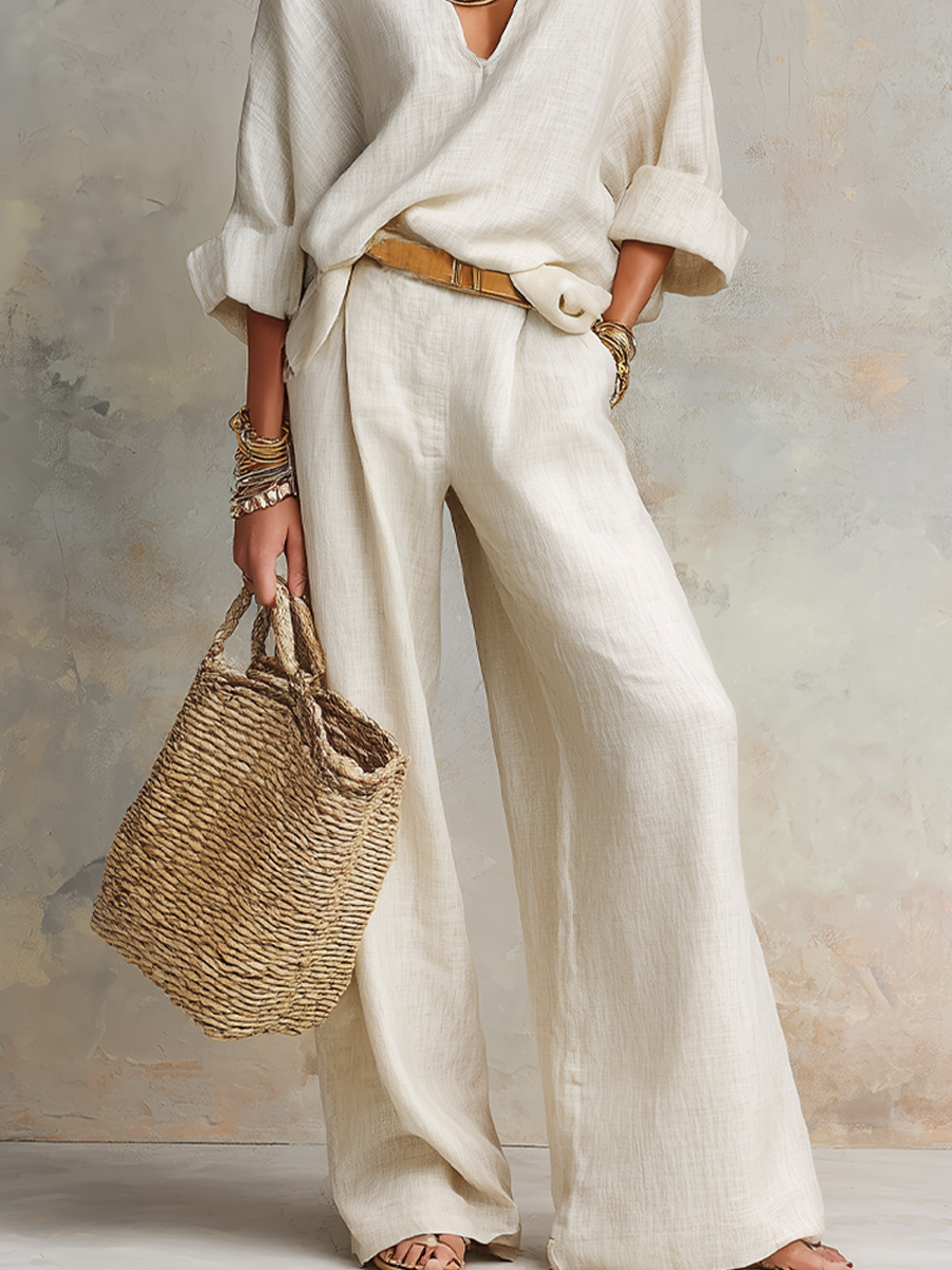 Off White Natural Linen Loose Fitting Resort Wear Set
