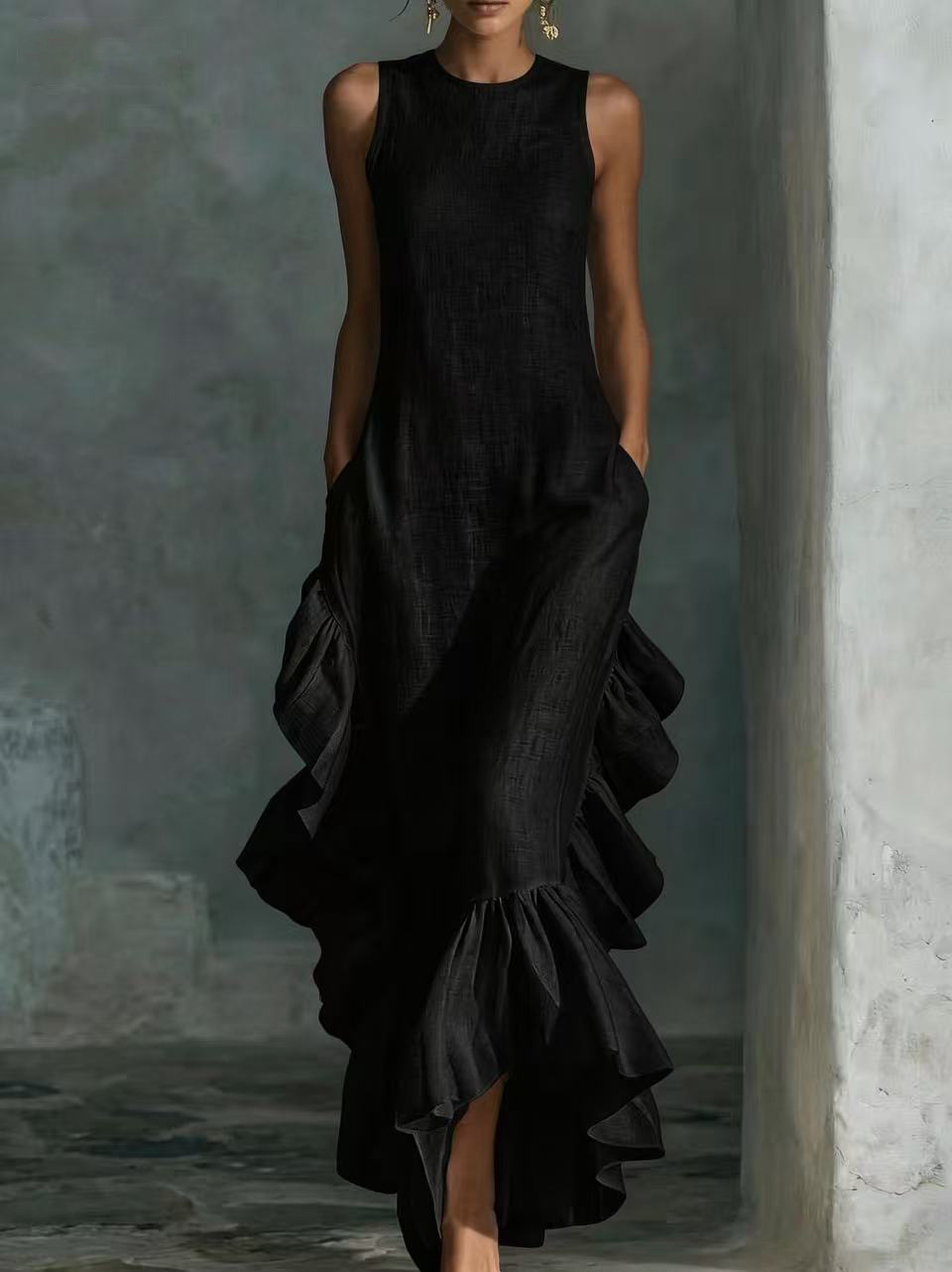 Sleeveless Ruffled Linen Maxi Dress