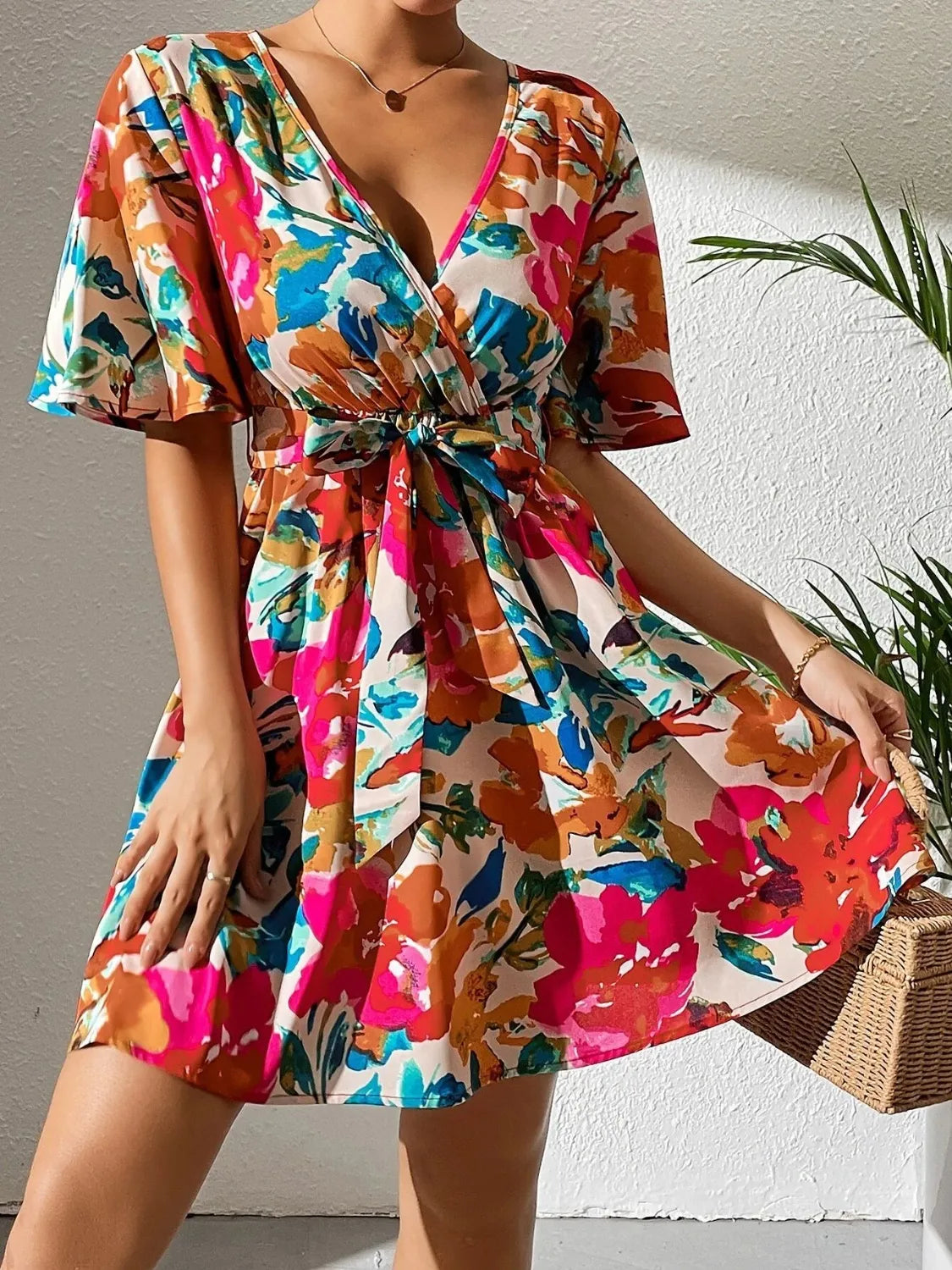 Printed Surplice Short Sleeve Mini Dress