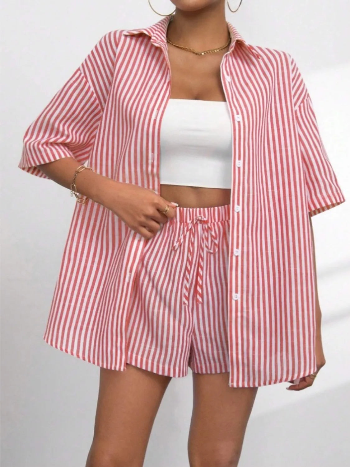 Caitlin Striped Button Up Shirt and Shorts Set