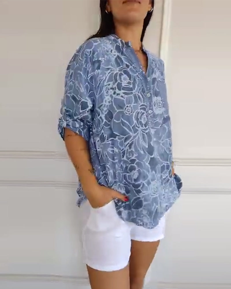 V-Neck Button-Down Printed Blouse