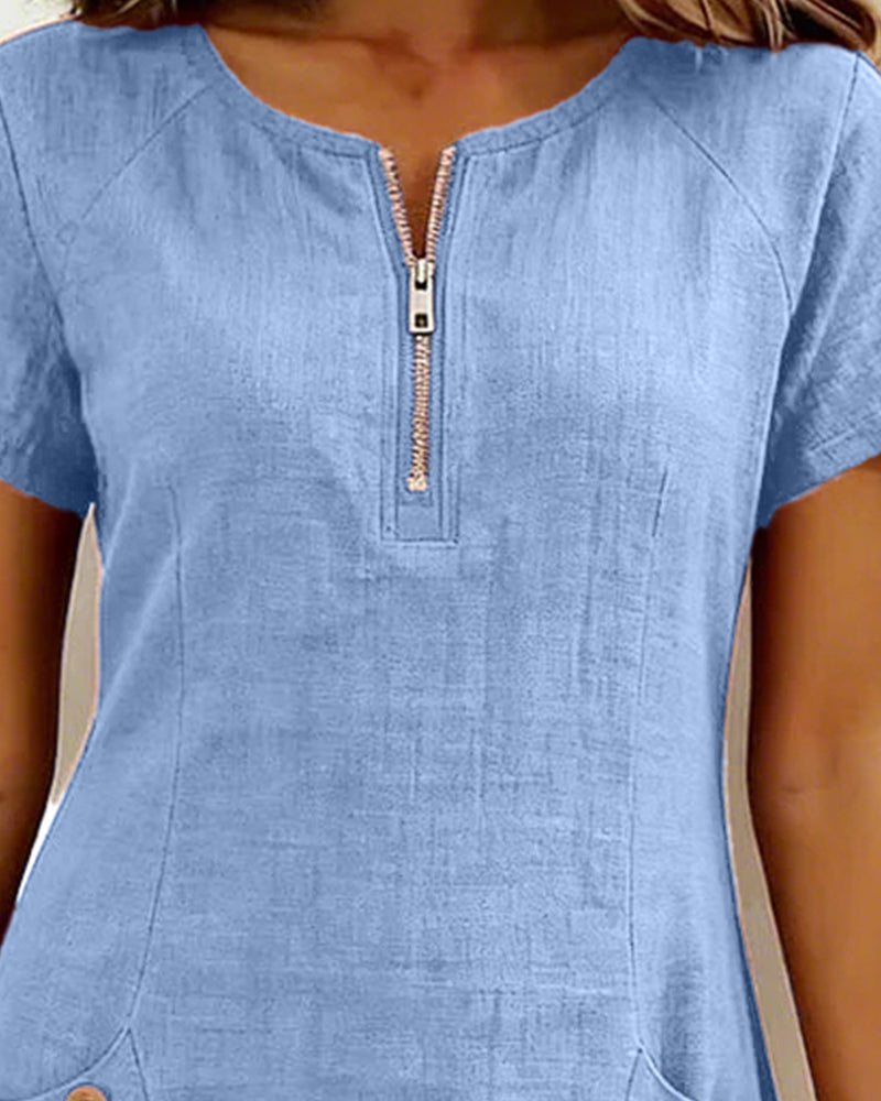Zipper Pocket Cotton Linen Dress