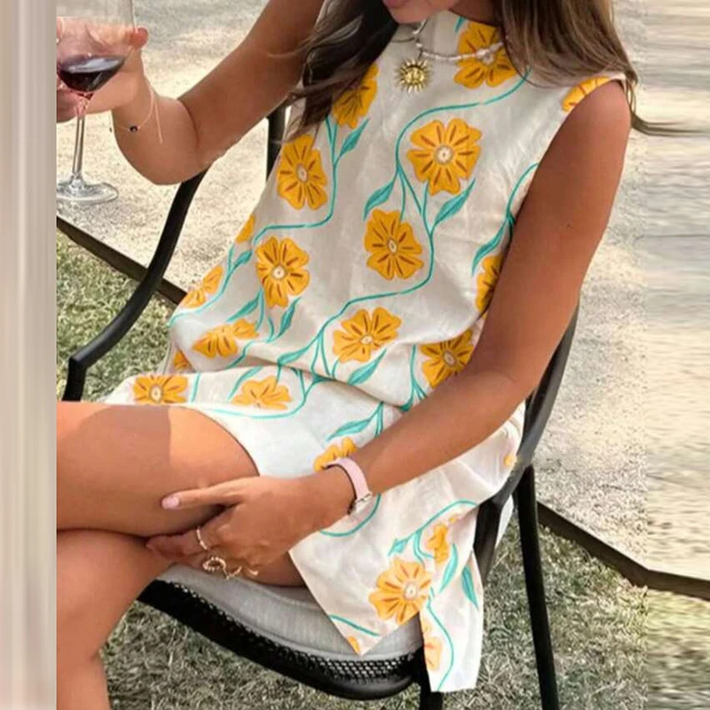 Elegant O-neck Sleeveless Loose Mini Dress 2025 Women Fashion Flower Print Holiday Party Dress Summer Casual Bohemian Vest Dress