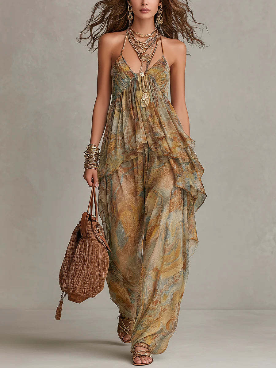 Vacation Style Printed V-Neck Suit