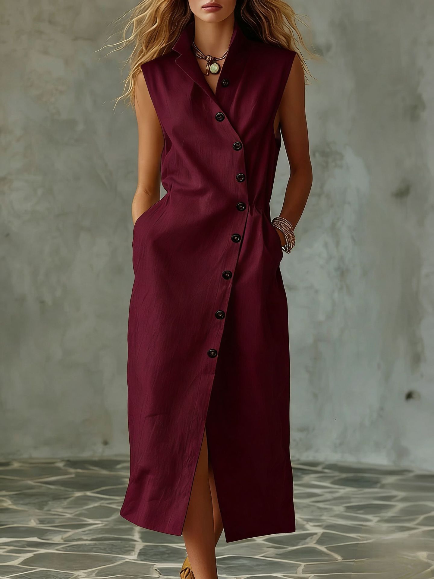 Sleeveless Linen-Blend Button-Down Midi Dress