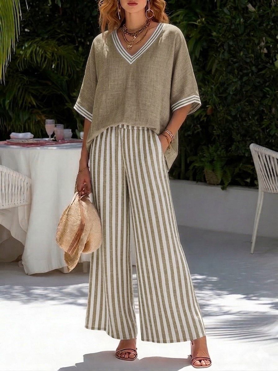 Casual Two-piece Set: Striped Linen & Cotton Patchwork Top And Striped Trousers