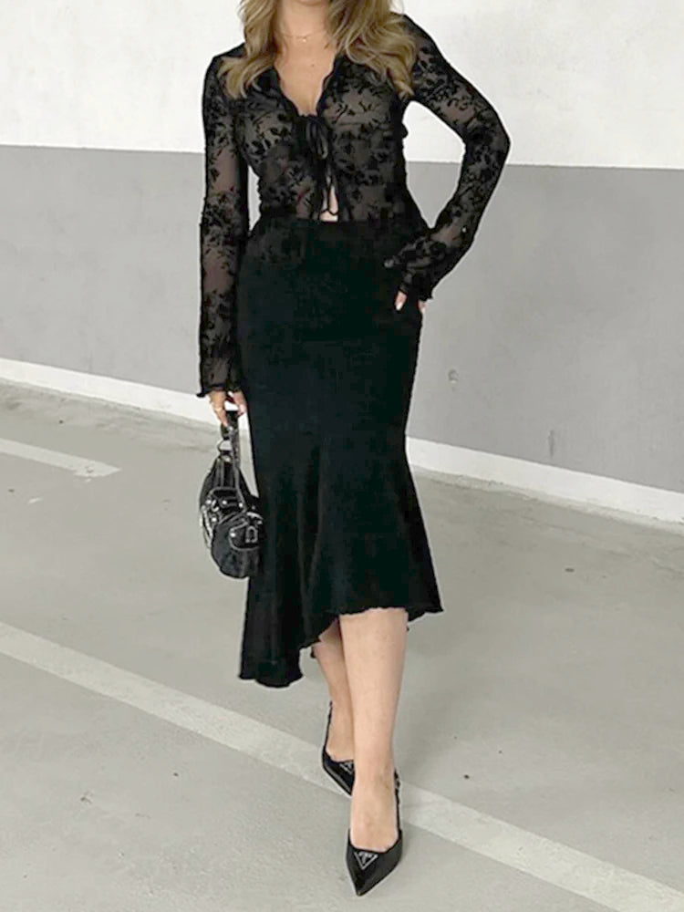 Women's Vintage Shirt Ruffle Sheer Trumpet Sleeve Chiffon Blouse