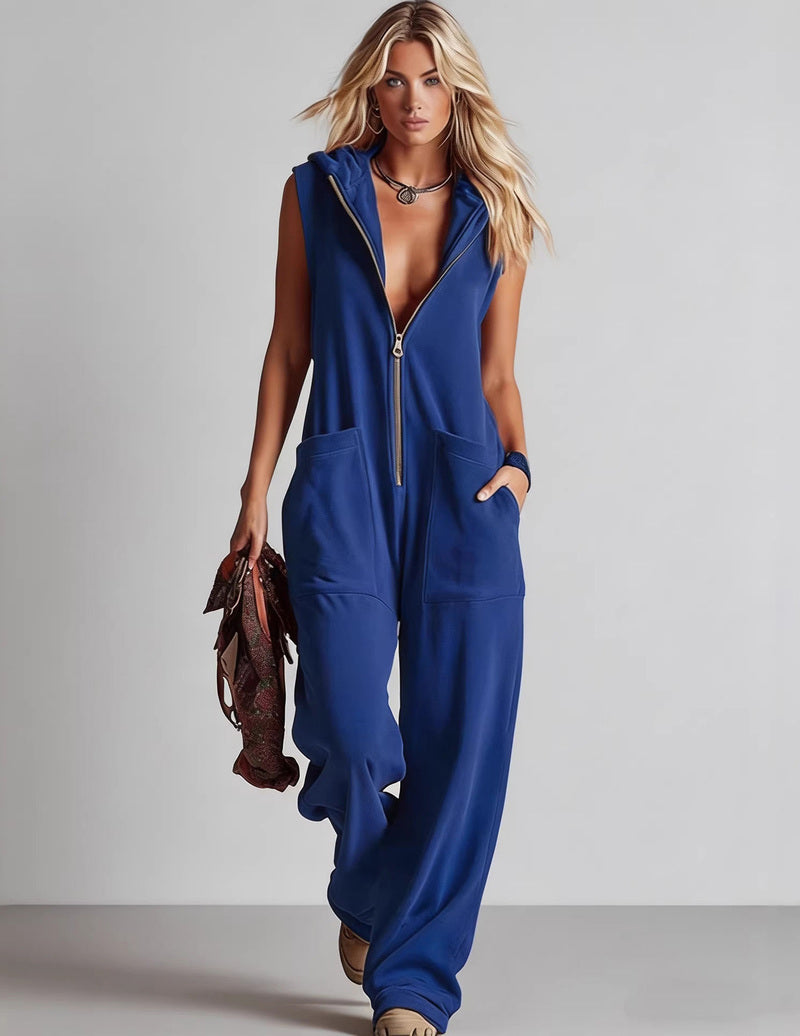 Sleeveless Hooded Zip-Front Jumpsuit