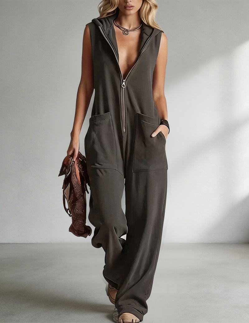Sleeveless Hooded Zip-Front Jumpsuit
