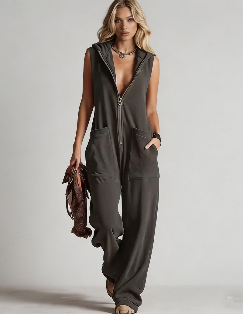 Sleeveless Hooded Zip-Front Jumpsuit