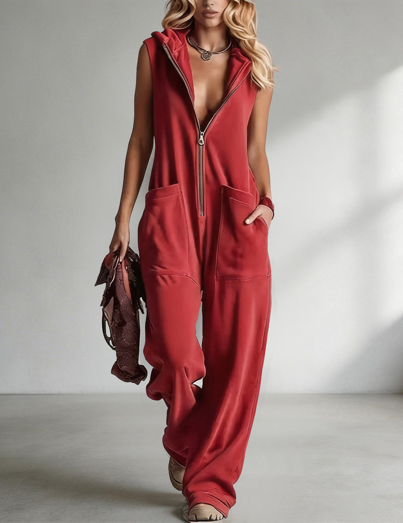 Sleeveless Hooded Zip-Front Jumpsuit