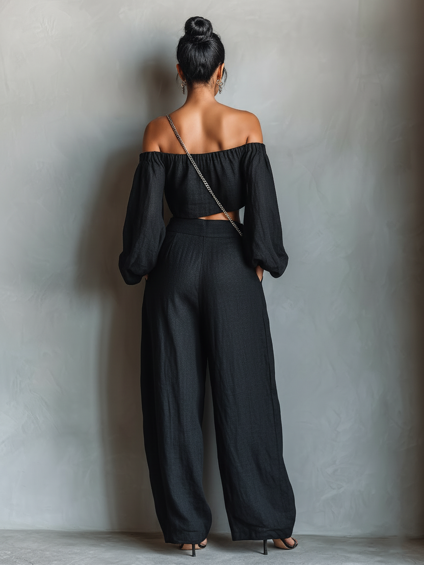 Women's Minimalist Linen Blend Strapless Long-sleeved Blouse And Wide-leg Pants Set 