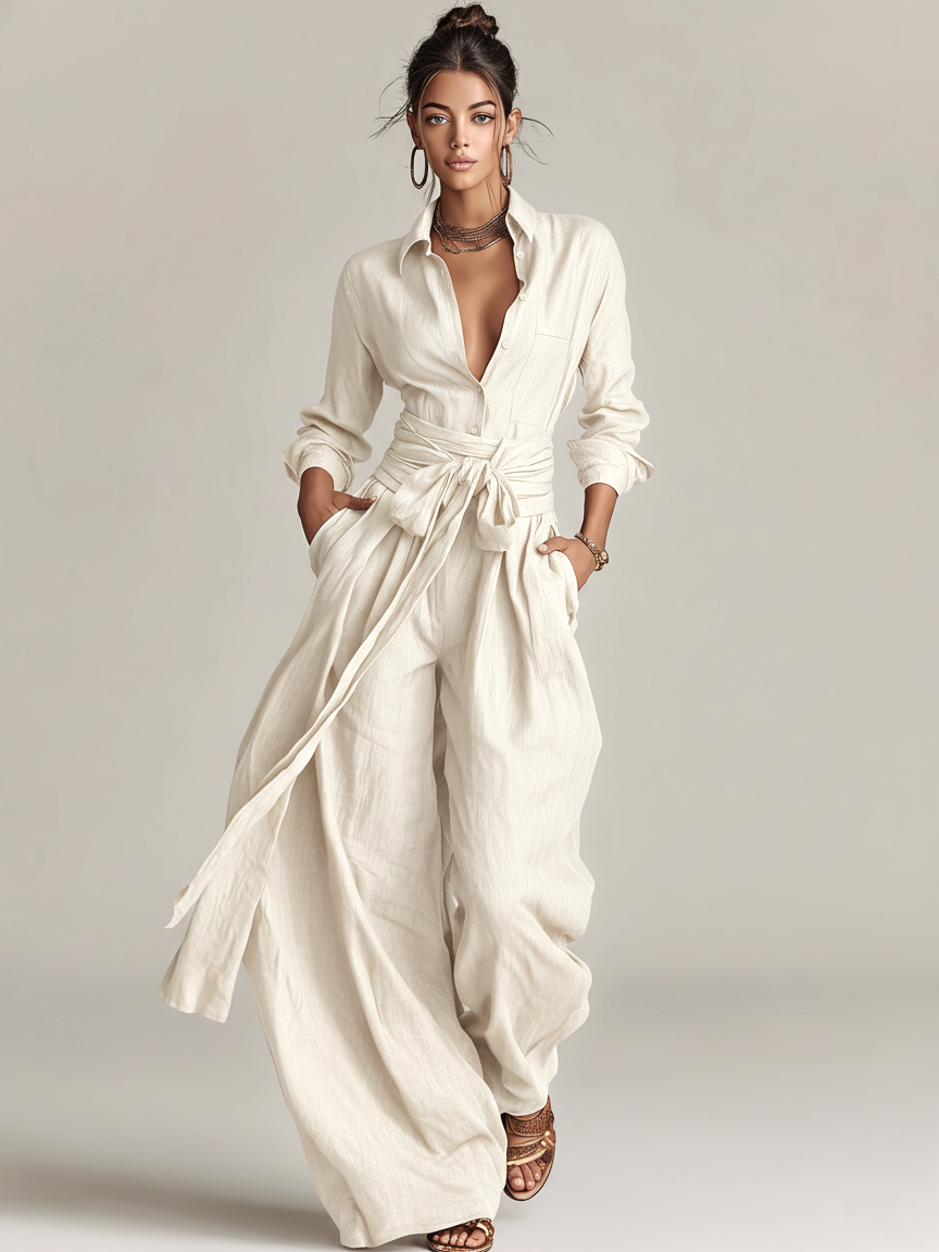 Women's Elegant Brown Woven Cotton-linen Long-sleeved Shirt Collar Jumpsuit With Belt MDA1965L9AN