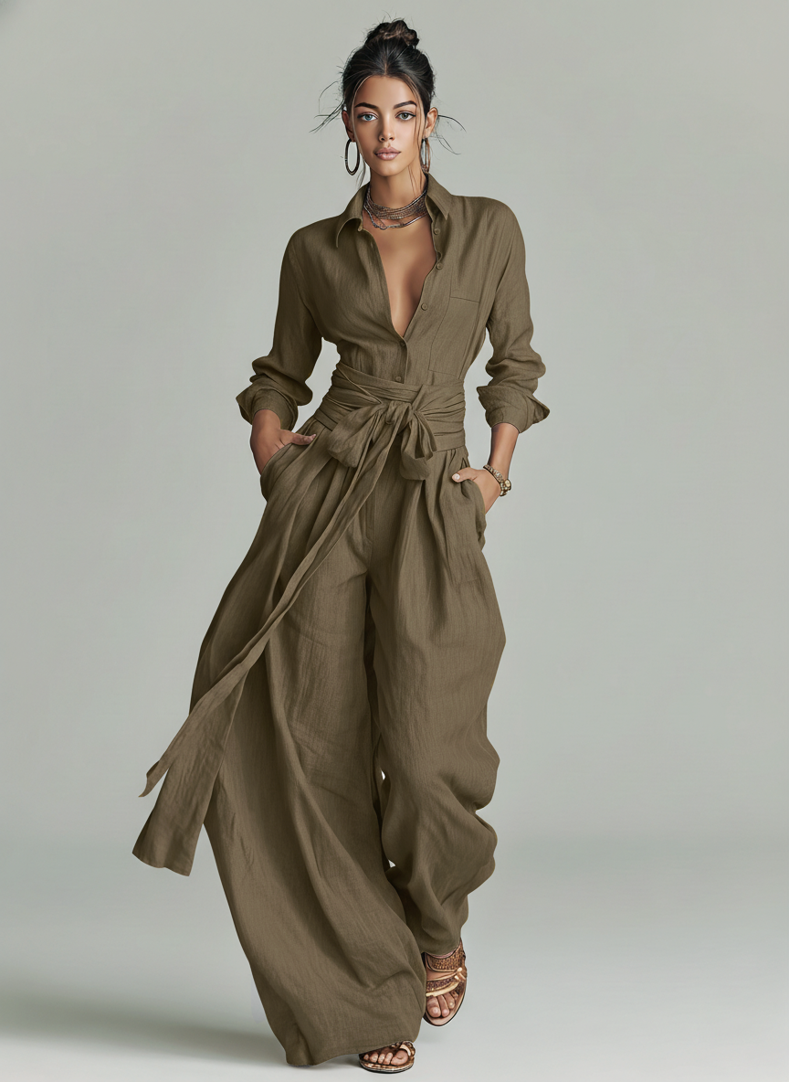 Women's Elegant Brown Woven Cotton-linen Long-sleeved Shirt Collar Jumpsuit With Belt MDA1965L9AN