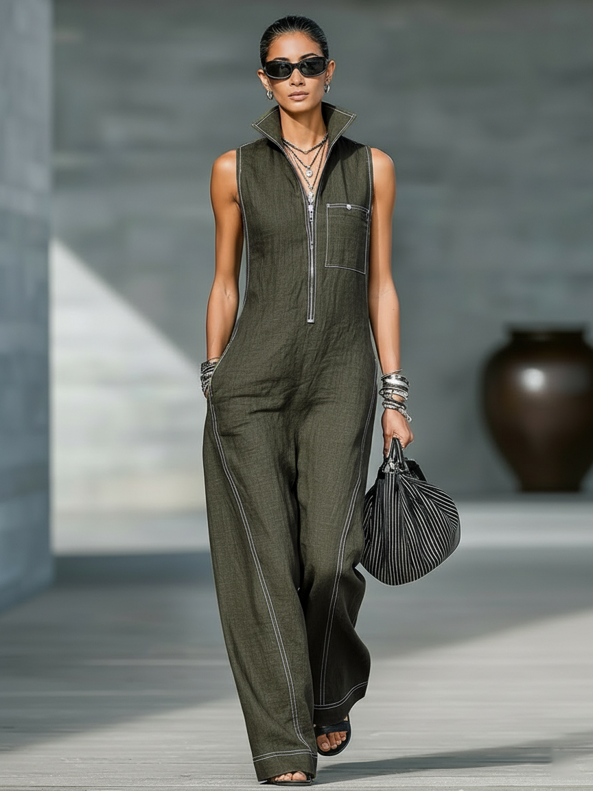 Women's Minimalist Loose-fitting White Trim Sleeveless Jumpsuit  