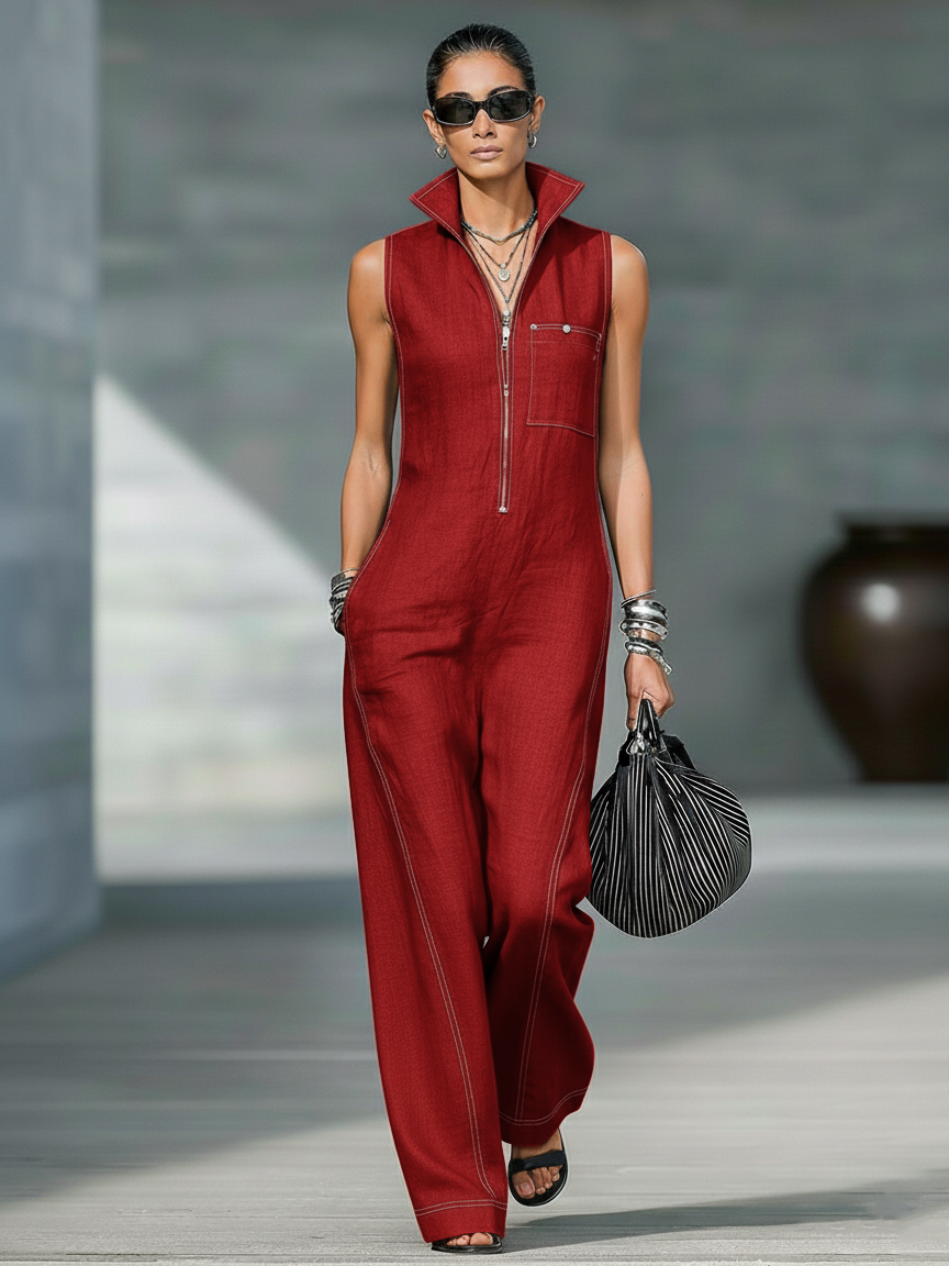 Women's Minimalist Loose-fitting White Trim Sleeveless Jumpsuit  