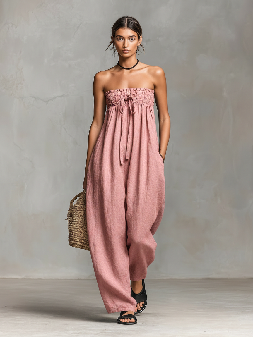 Women's Minimalist Loose-fitting Linen Blend Strapless Jumpsuit With Tie Closure 