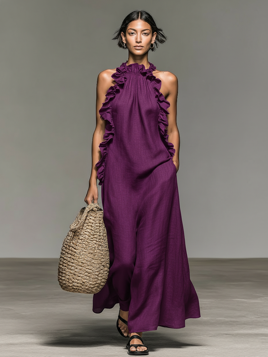 Women's Minimalist Linen-blend Sleeveless Maxi Dress With Ruffle Details 