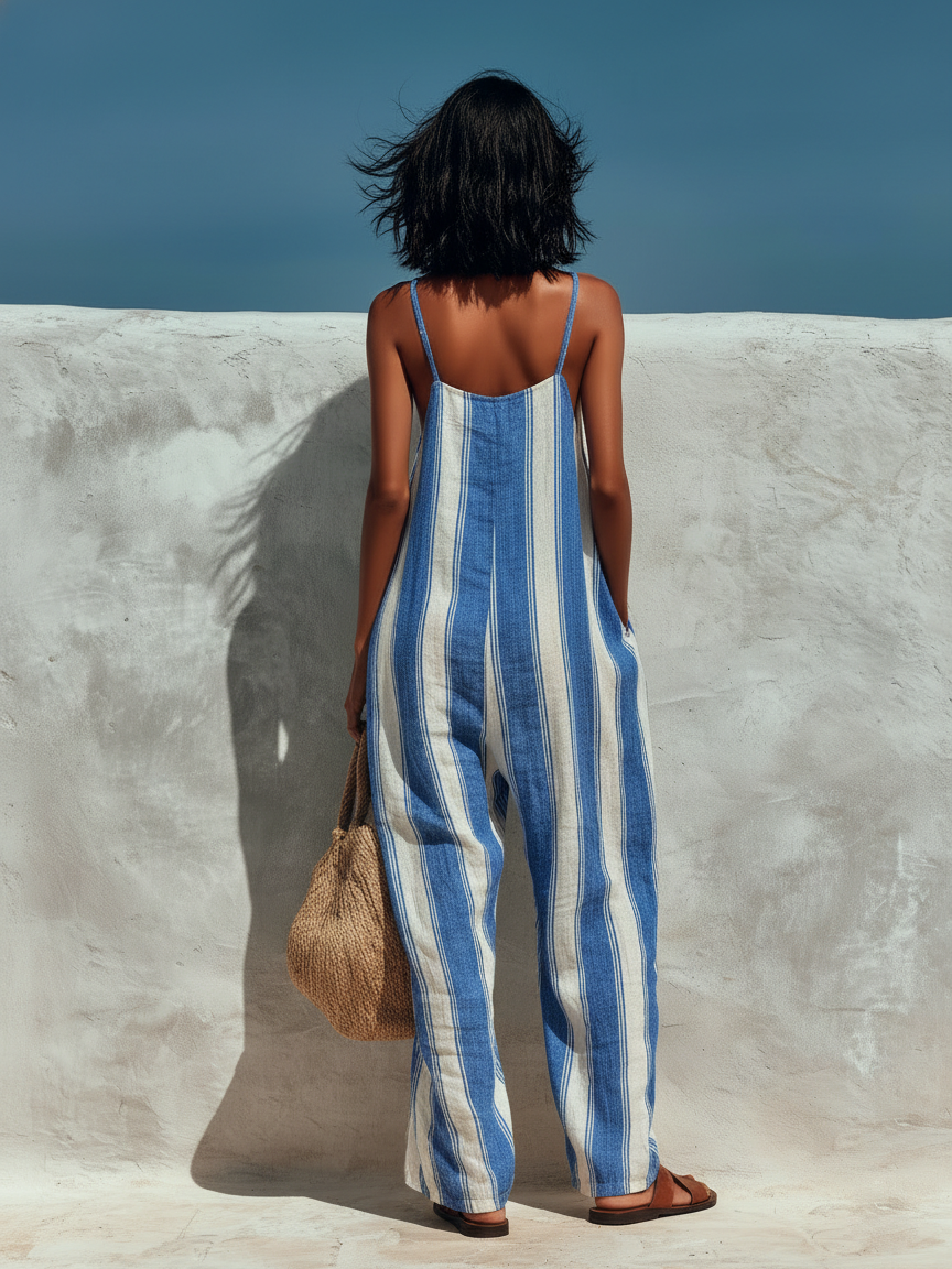 Women's Minimalist Vacation-style Striped Printed Suspender Jumpsuit