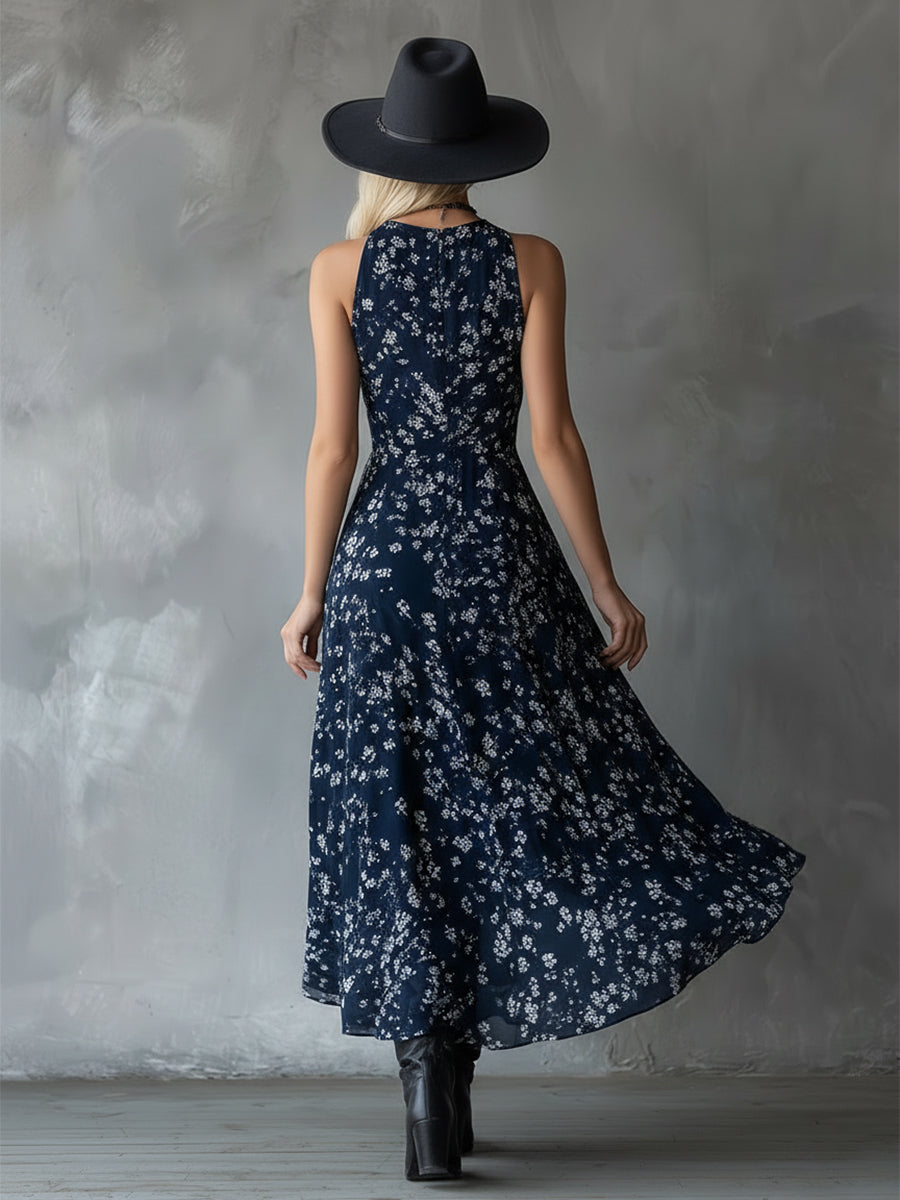 Retro Classic Floral Print Navy Blue Chiffon Sleeveless Maxi Dress