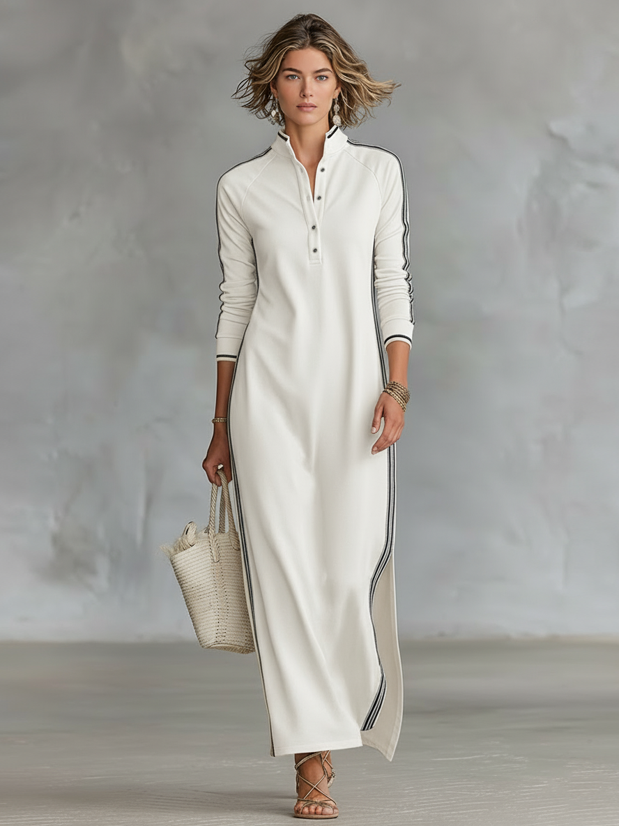 Women's Minimalist White-trimmed Button-down Collar Sweatshirt Dress Maxi Dress MDA0958L0Y