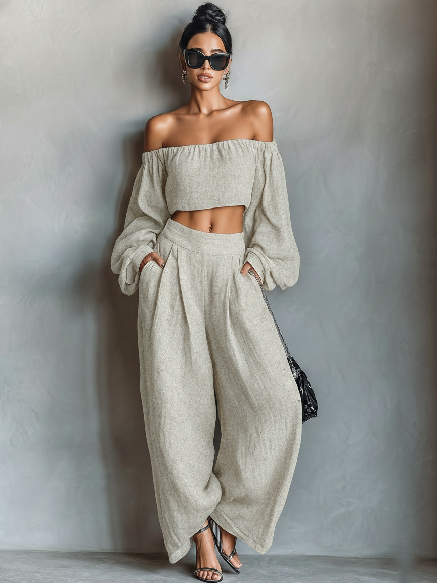 Women's Minimalist Linen Blend Strapless Long-sleeved Blouse And Wide-leg Pants Set 