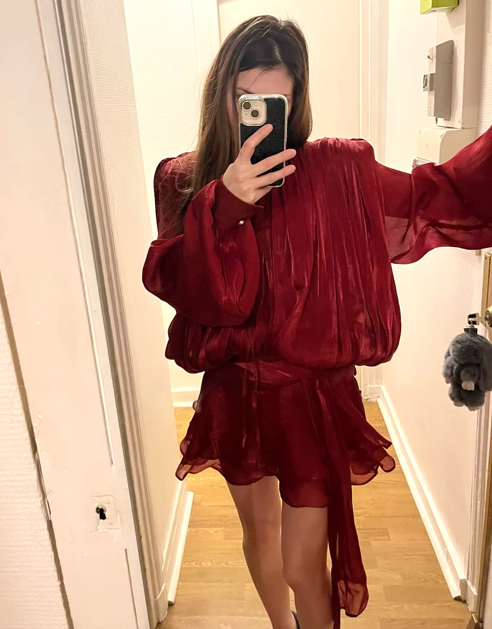 Long Sleeve Draped Ruffle Two Piece Dress Red