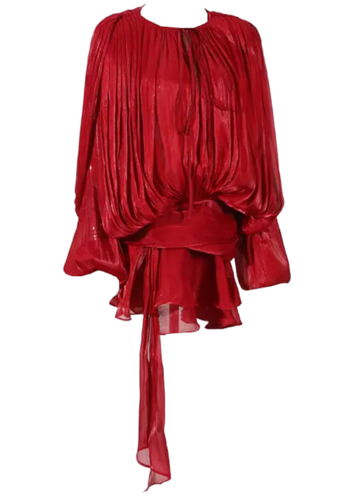 Long Sleeve Draped Ruffle Two Piece Dress Red
