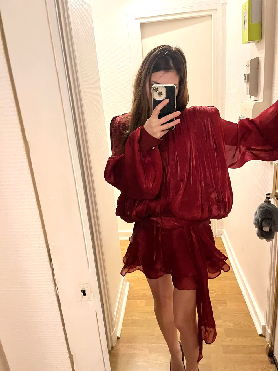 Long Sleeve Draped Ruffle Two Piece Dress Red