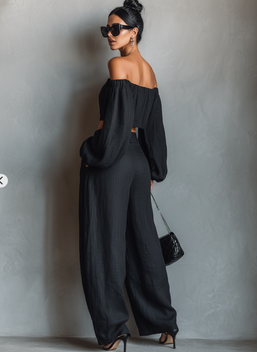 Women's Minimalist Linen Blend Strapless Long-sleeved Blouse And Wide-leg Pants Set 