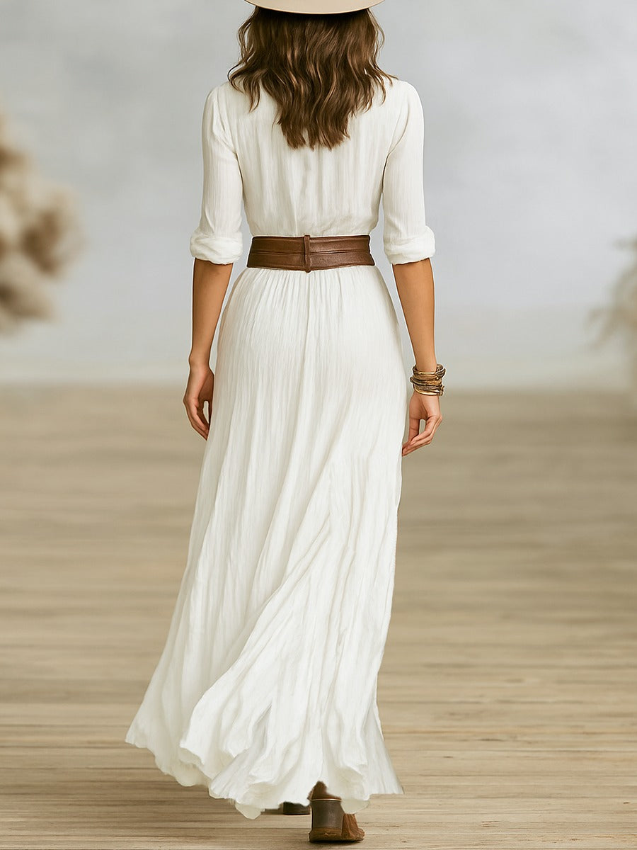 Long Belted Dress With Pleated Lapels