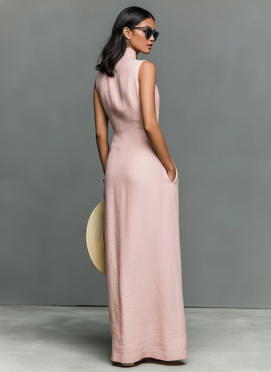 Women's Minimalist Linen-Blend Stand-Collar Single-Breasted Sleeveless Maxi Dress  