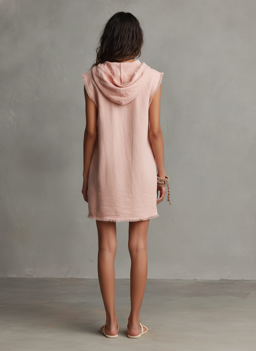 Women's Minimalist Linen-Blend Mini Dress — Hooded, Sleeveless, Raw Hem