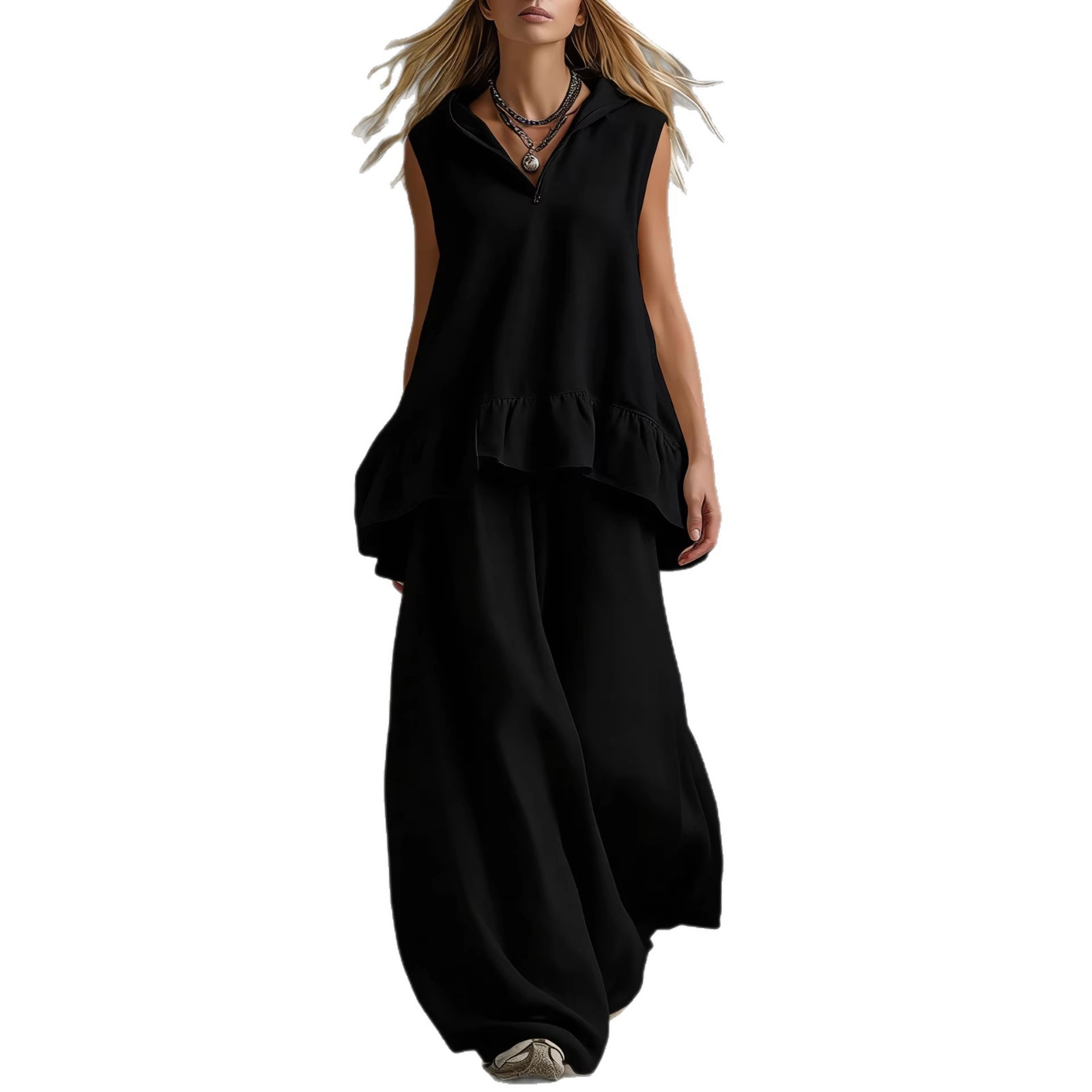 Sleeveless Hooded Textured Two-Piece Set