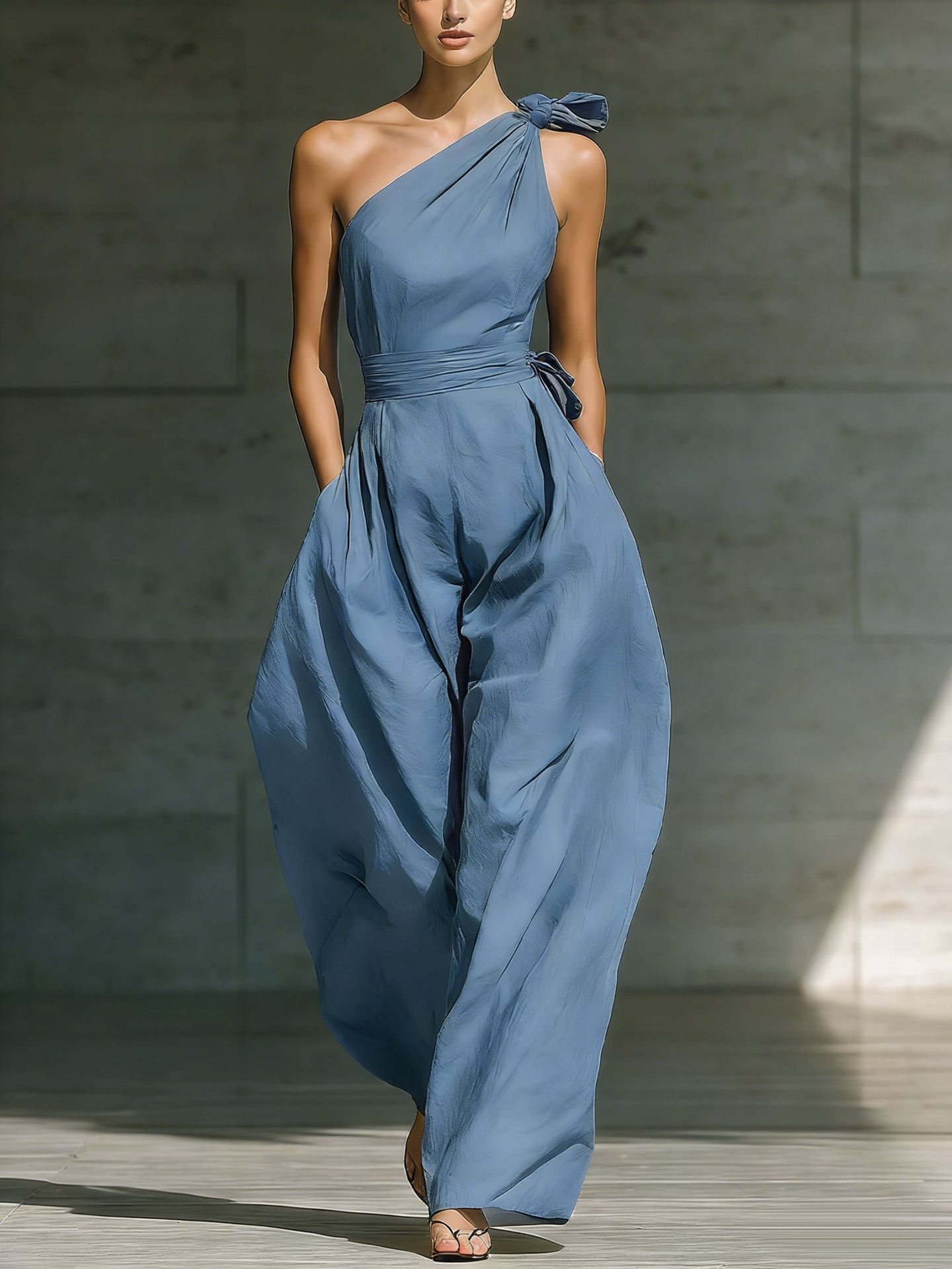 Sleeveless Slanted Shoulder Waist Jumpsuit