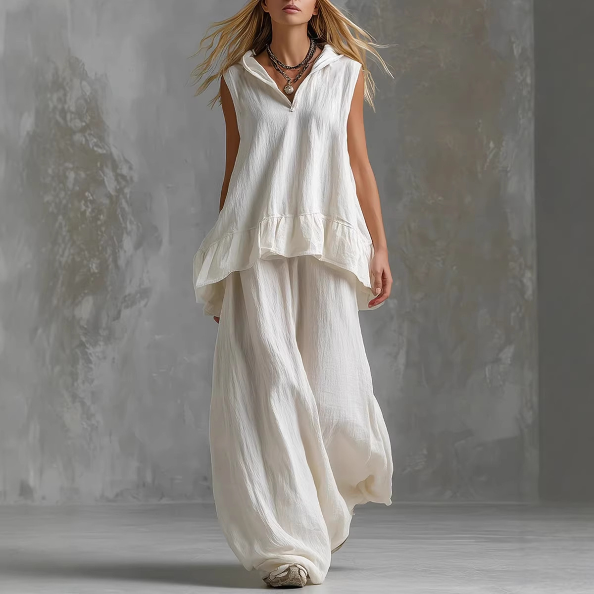 Sleeveless Hooded Textured Two-Piece Set