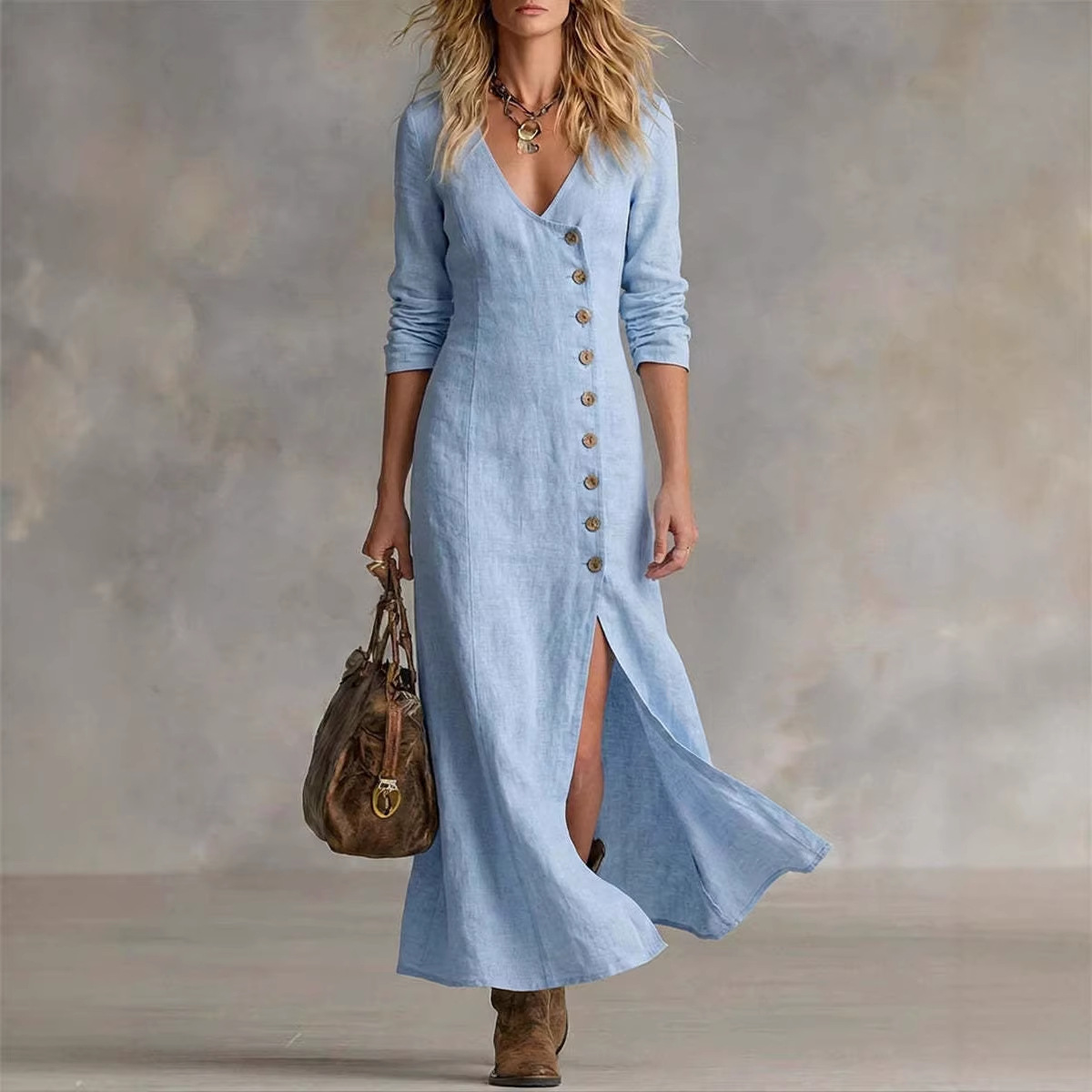 Long Multi-Button Fashion Cotton And Linen Dresses