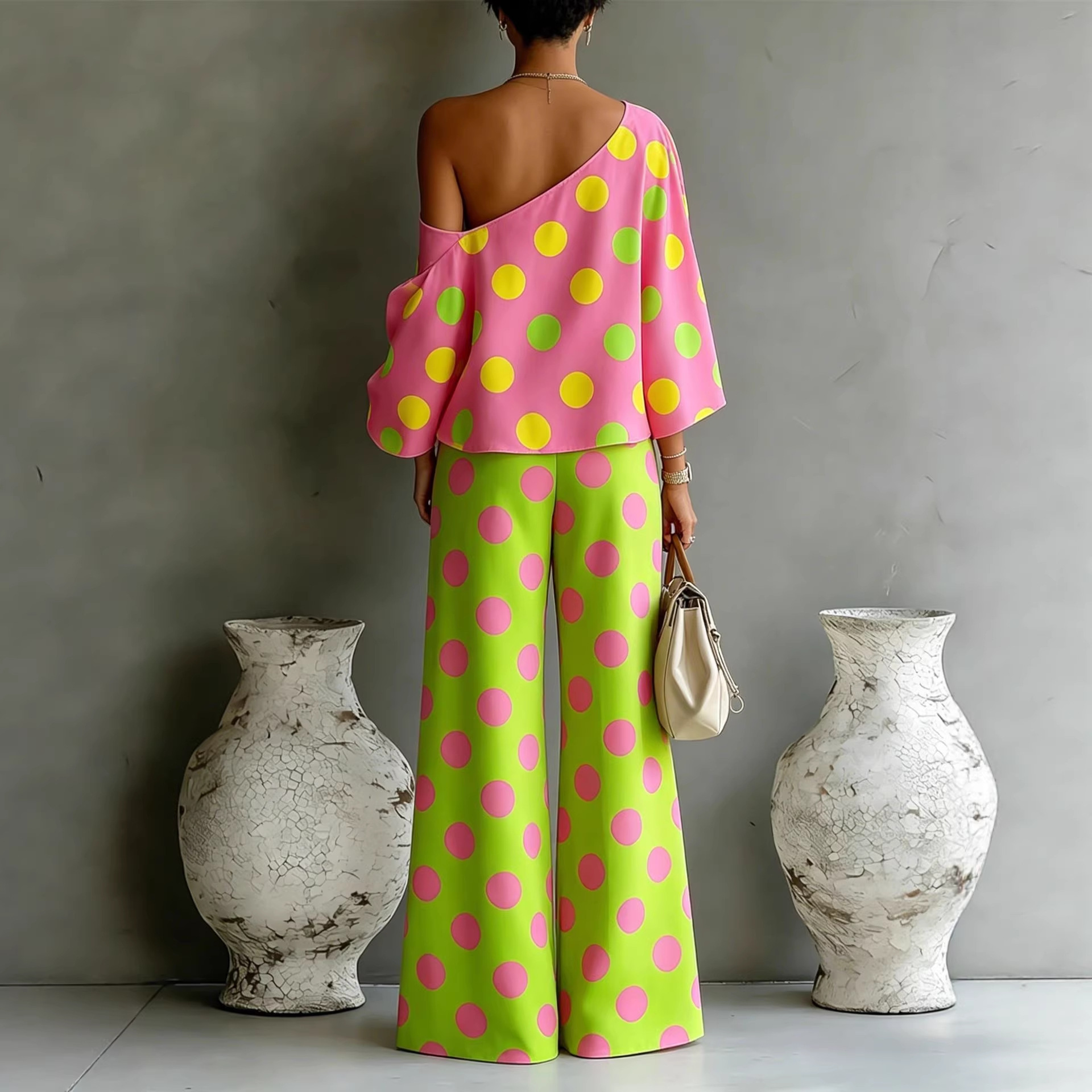 Colorful Polka Dot Off-Shoulder Elegant Two-Piece Pants Suit For Women