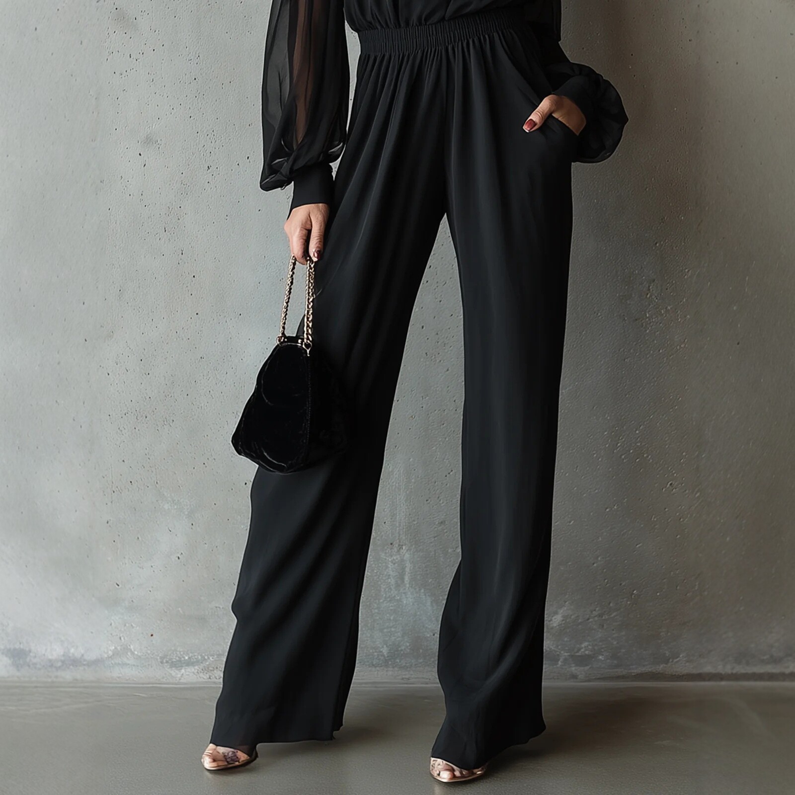 Black Embroidered Jumpsuit Women'S Long-Sleeved Wide-Leg Pants Elegant Temperament Cold Shoulder Jumpsuit Jumpsuit