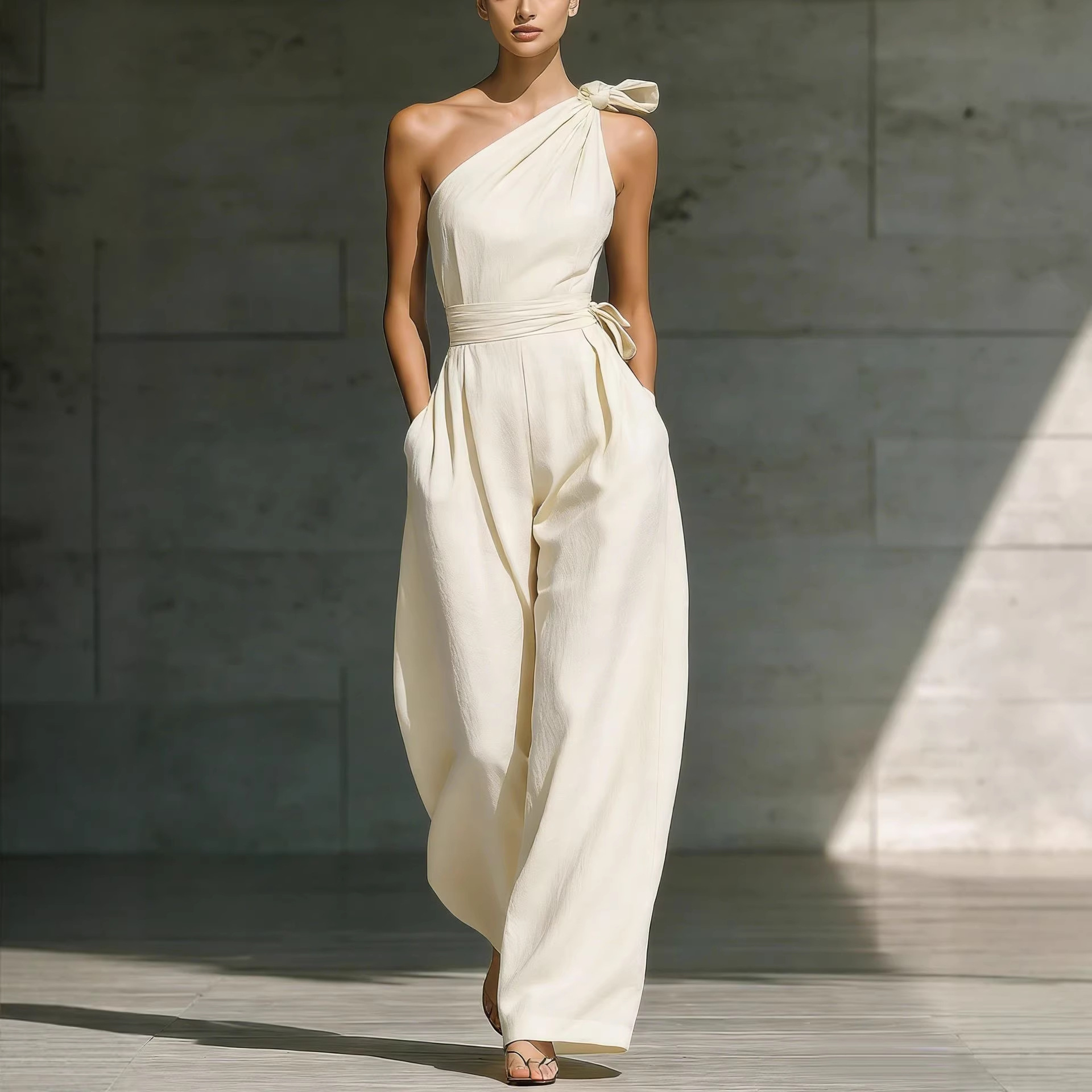 Sleeveless Slanted Shoulder Waist Jumpsuit